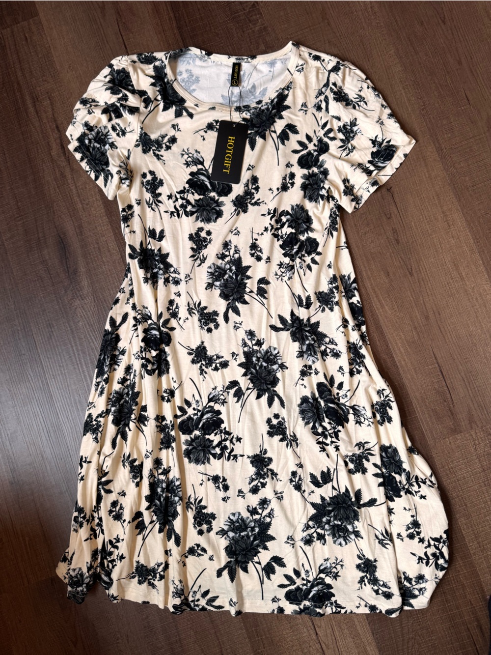 Cream Midi Dress with Black Floral Print